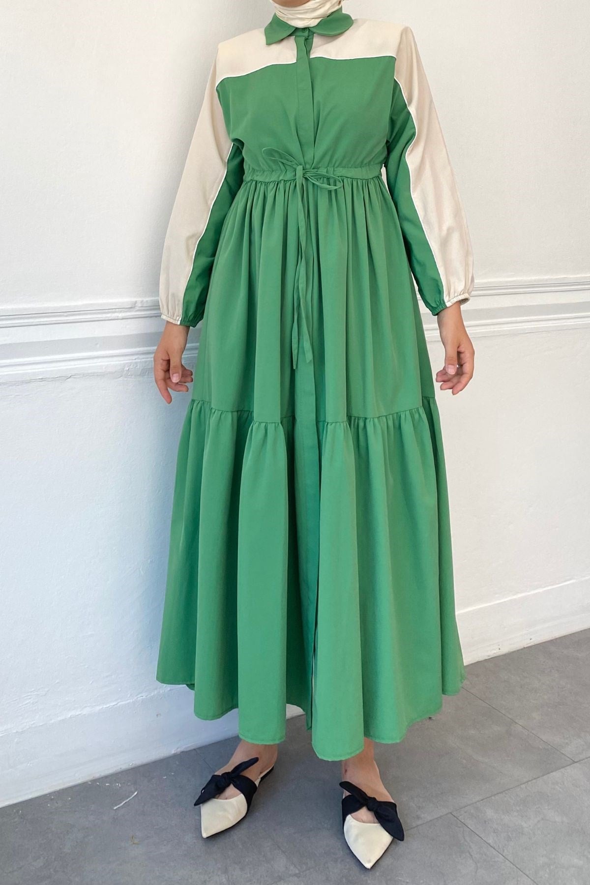 YEŞİL ÇİFT RENKLİ  ELBİSE