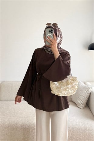 4763 KAHVE YIRTMAÇLI MODAL BLUZ