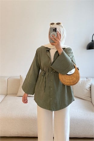 5134 HAKİ SATEN DOKULU GÖMLEK