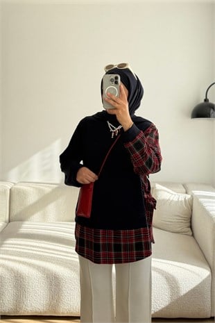 6196 LACİVERT EKOSE DETAYLI BAĞLAMALI SWEATSHIRT