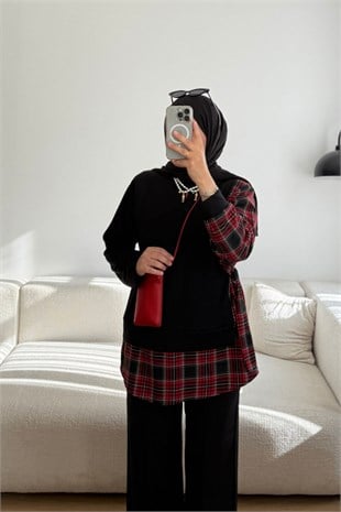 6196 SİYAH EKOSE DETAYLI BAĞLAMALI SWEATSHIRT