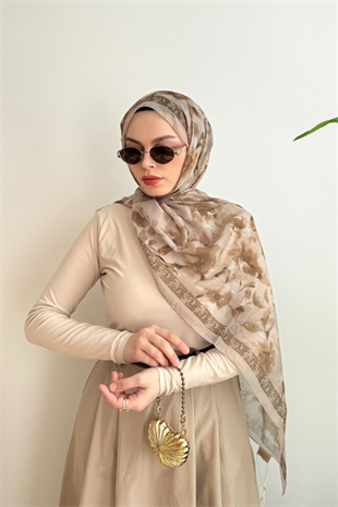 BEJ ŞERİTLİ ÇİÇEK DESENLİ ŞAL