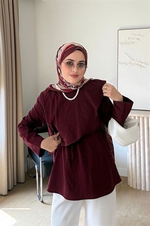 BORDO ÖNÜ ŞAL DETAYLI KUŞAKLI BLUZ