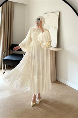 EKRU CANDY ŞİFON ELBİSE