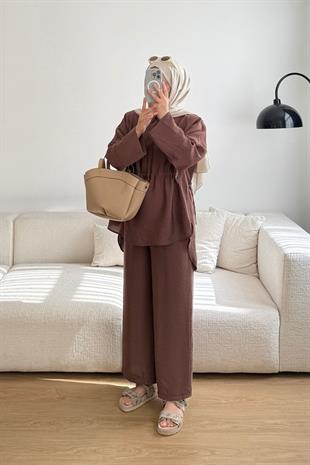 KAHVE GİZLİ KUŞAKLI PANT TAKIM