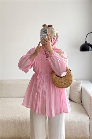 PEMBE ÖNÜ BİYE DETAYLI KETEN GÖMLEK