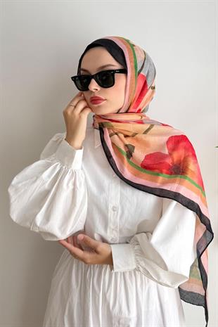 SİYAH TURUNCU YEŞİL ŞERİTLİ GELİNCİK DESEN BAMBU ŞAL