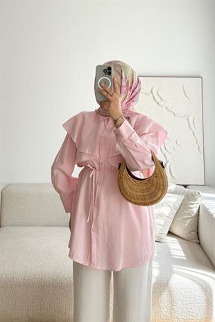 TOZ PEMBE SİENNA KUŞAKLI PELERİNLİ GÖMLEK