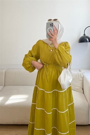 YAĞ YEŞİL ETEĞİ BİYELİ ELBİSE