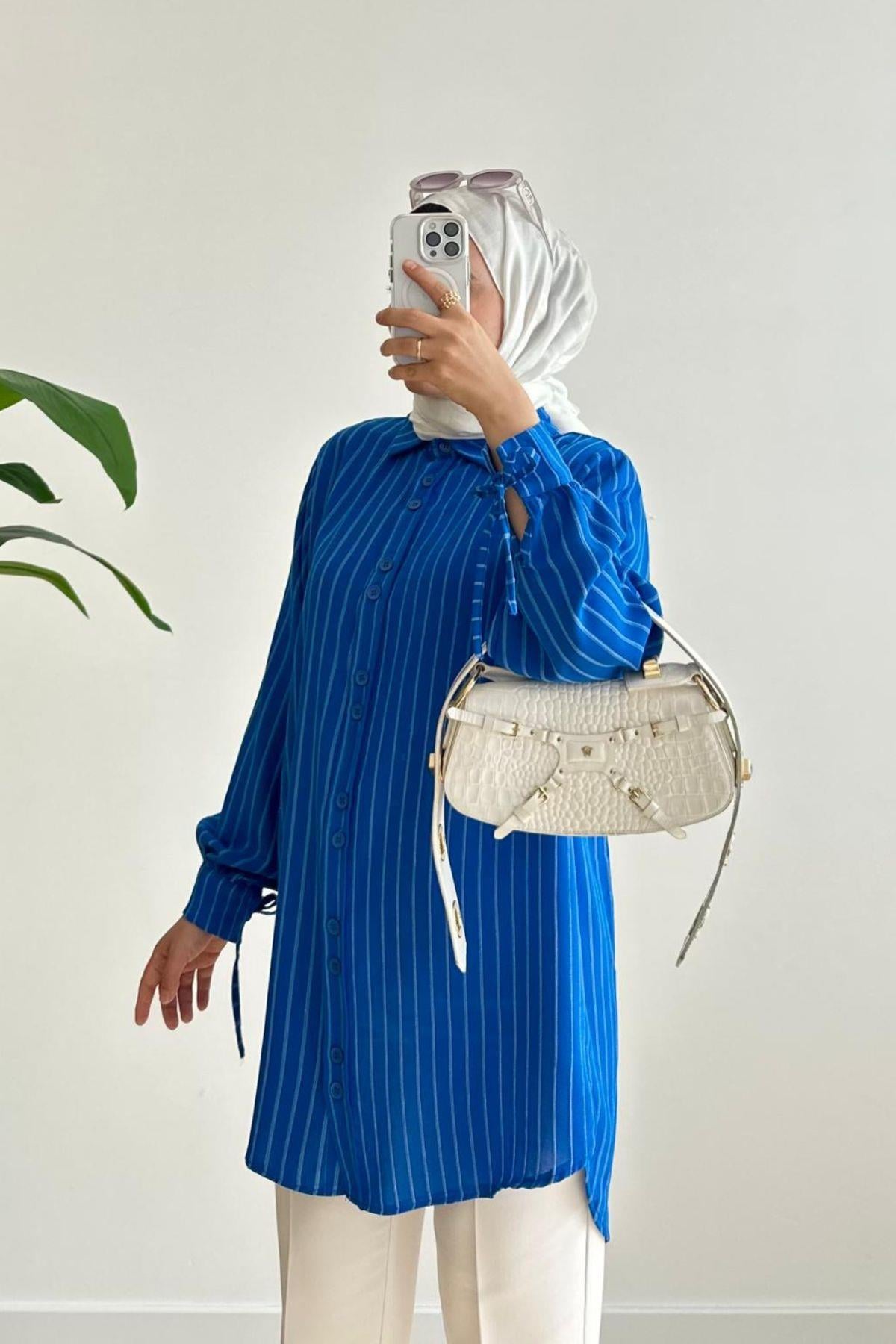  GİLYA SAKS MAVİ ÇİZGİLİ GÖMLEK