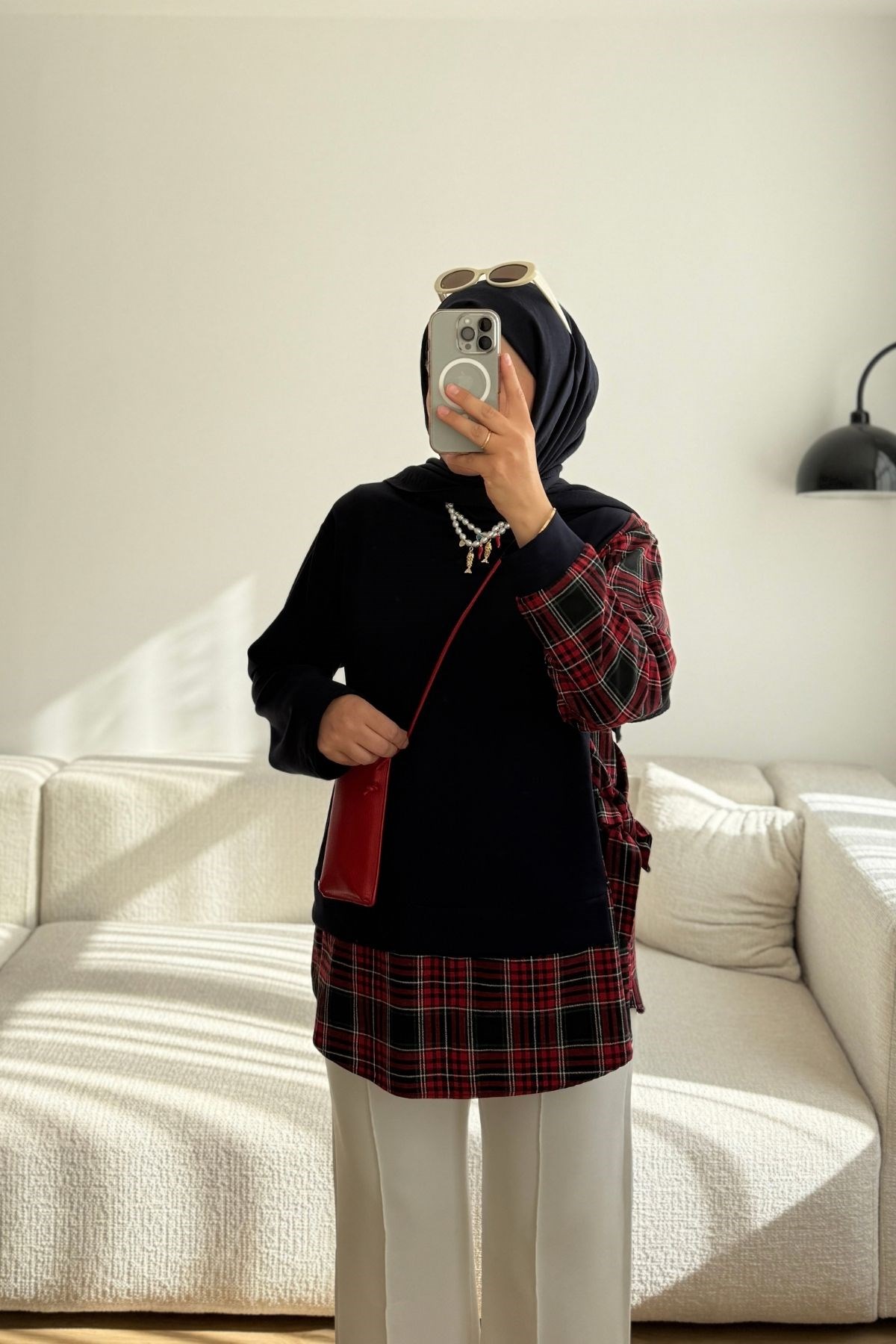 6196 LACİVERT EKOSE DETAYLI BAĞLAMALI SWEATSHIRT