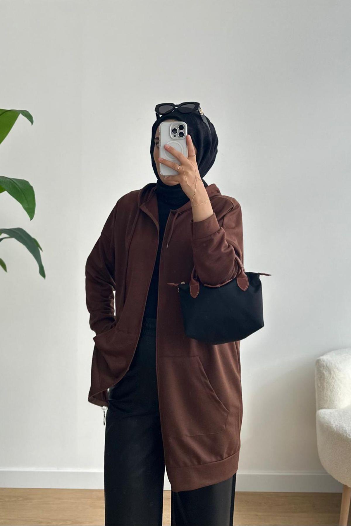 ACI KAHVE FERMUARLI İNCE KAPÜŞONLU HIRKA