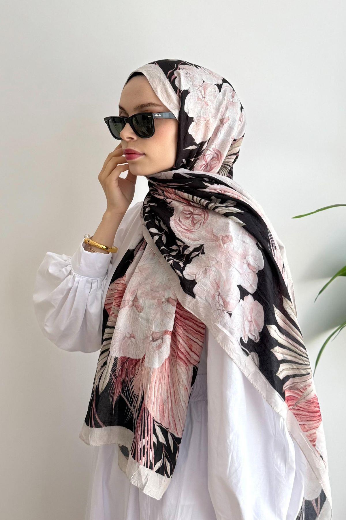AÇIK BEJ ŞERİTLİ TOZ PEMBE ORKİDE DESEN BAMBU ŞAL
