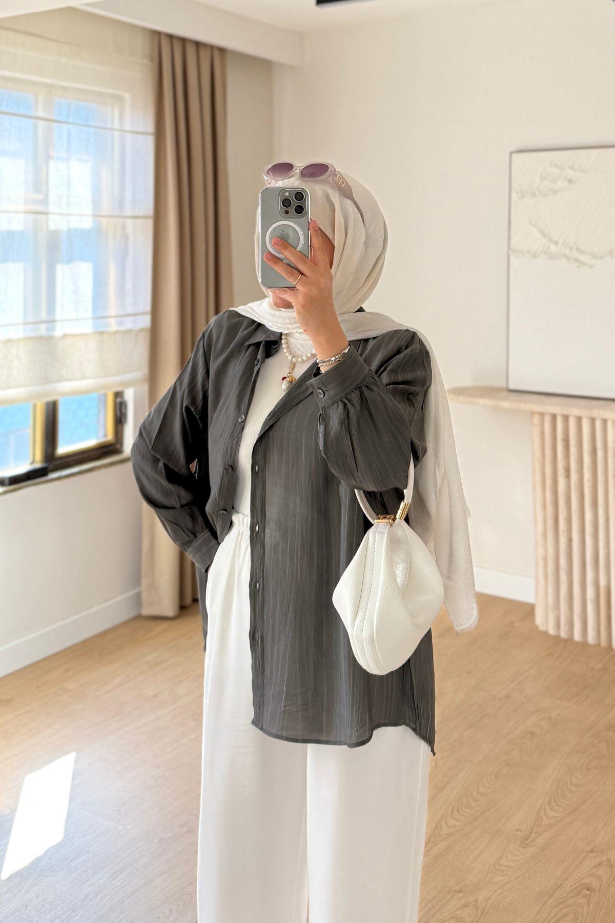 ANTRASİT YAĞ YIKAMALI OVERSİZE GÖMLEK