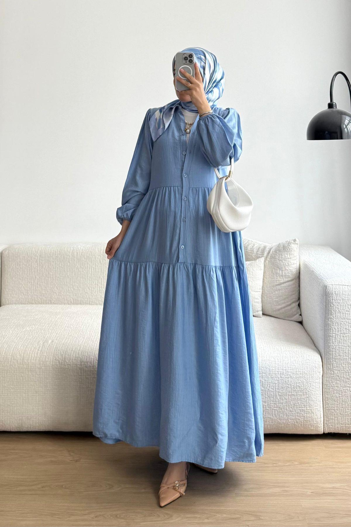 BEBE MAVİ ÇİLEK KUMAŞ ELBİSE 