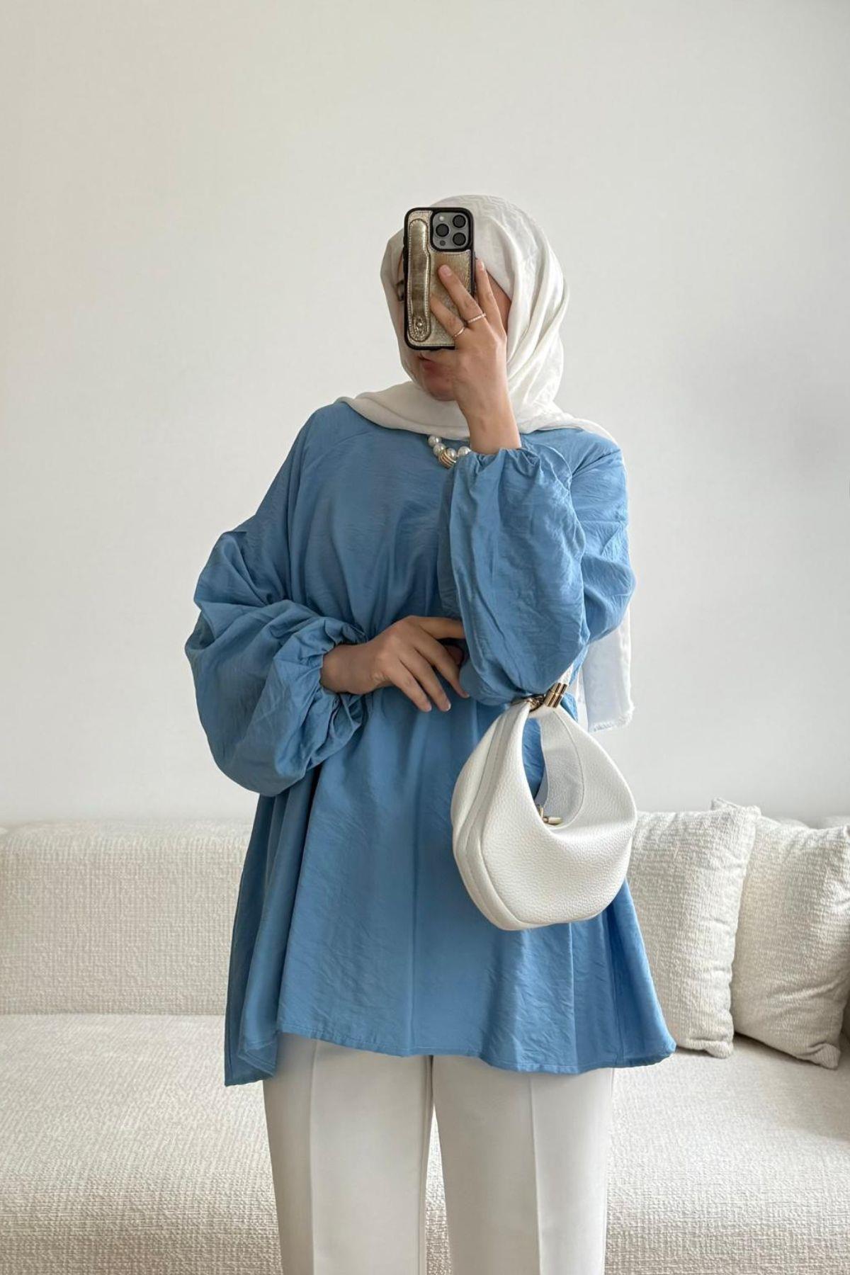 BEBE MAVİ KUŞAKLI BALON KOL GÖMLEK