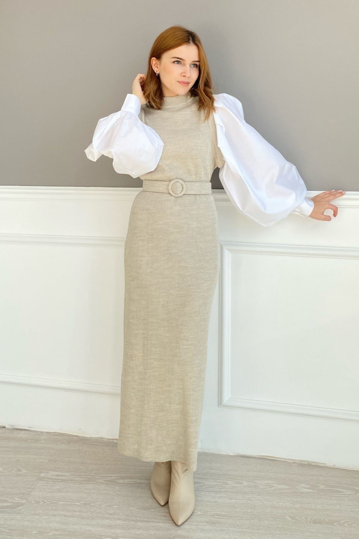 BEJ BALON KOL ELBİSE