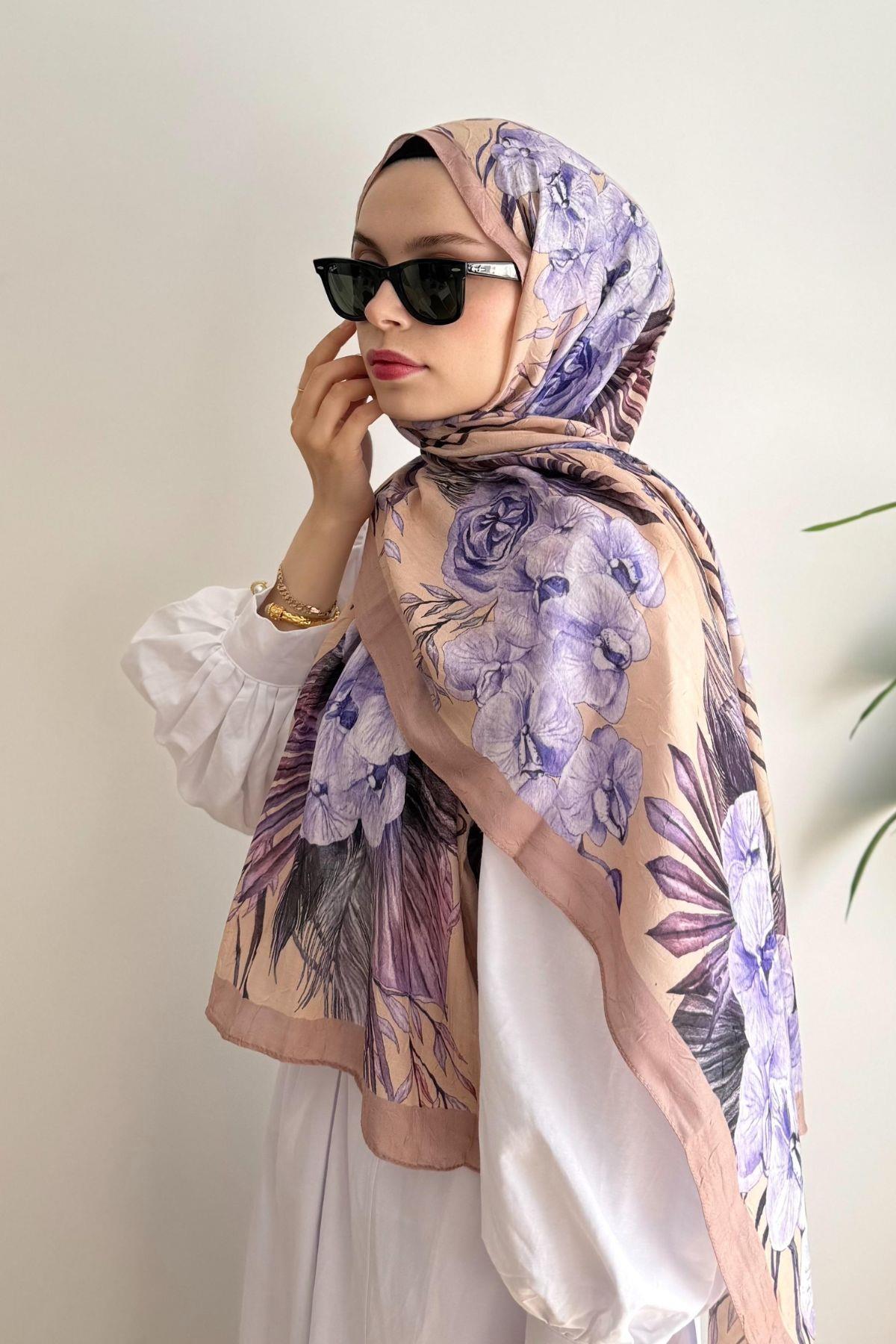 BEJ ŞERİTLİ MOR ORKİDE ÇİÇEKLİ BAMBU ŞAL
