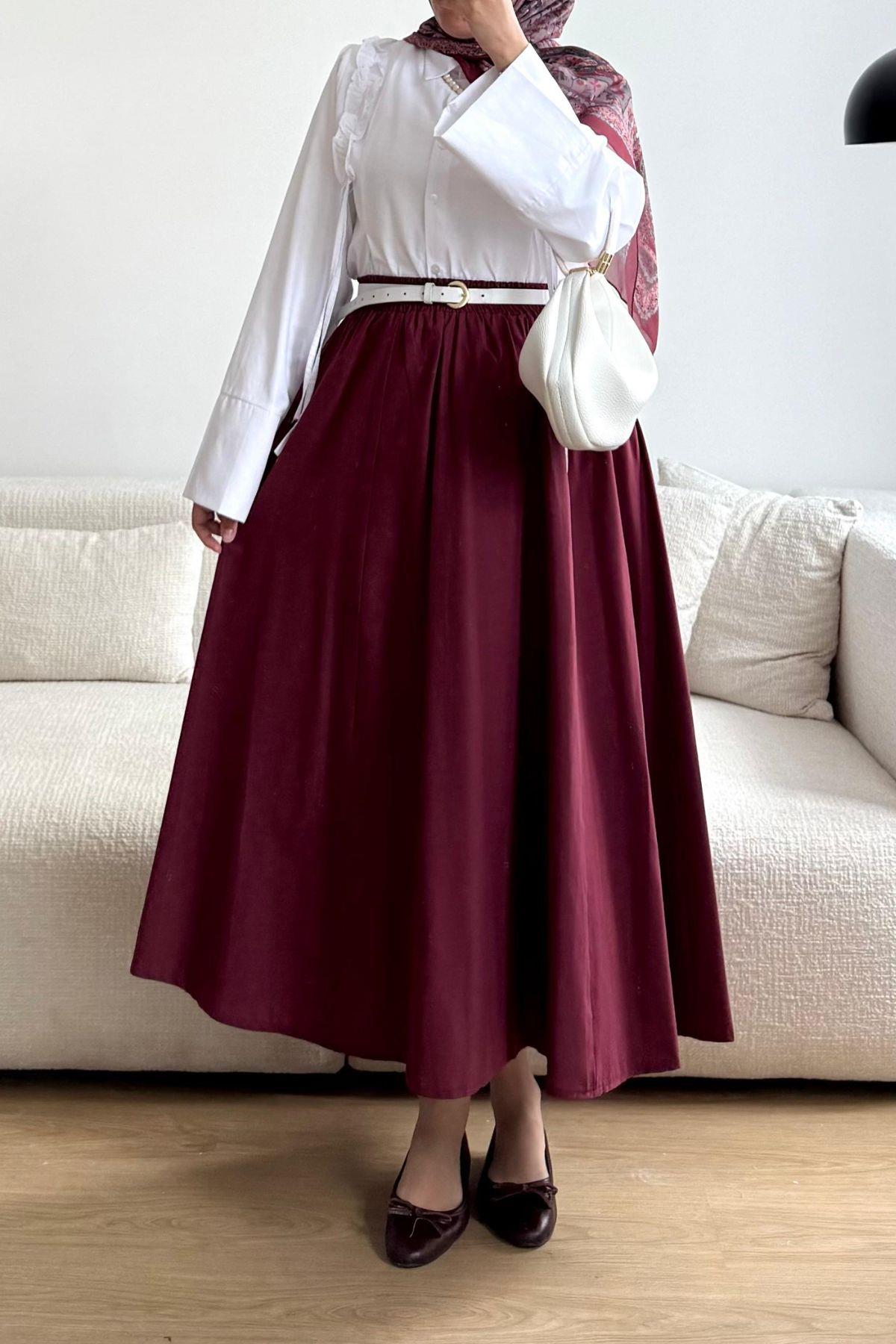 BORDO BELİ LASTİKLİ CEPLİ KLOŞ ETEK
