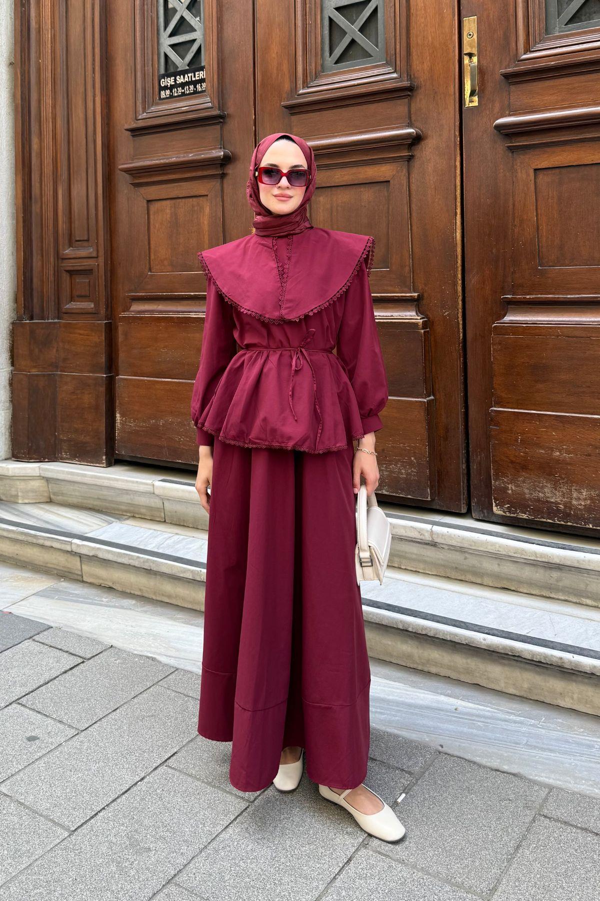 BORDO BLUZU DANTELLİ ETEKLİ TAKIM