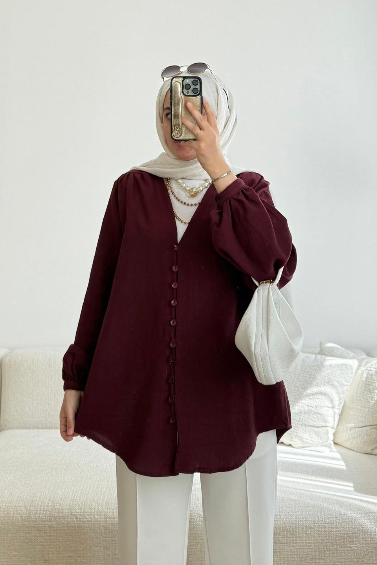 BORDO BRİT DÜGMELİ GÖMLEK