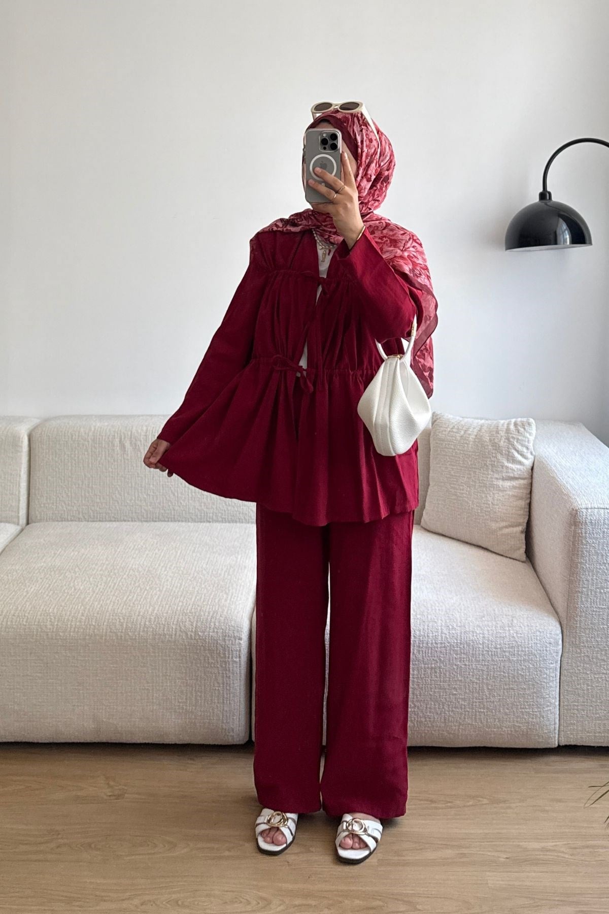 BORDO BÜZGÜLÜ KİMONO PANT TAKIM