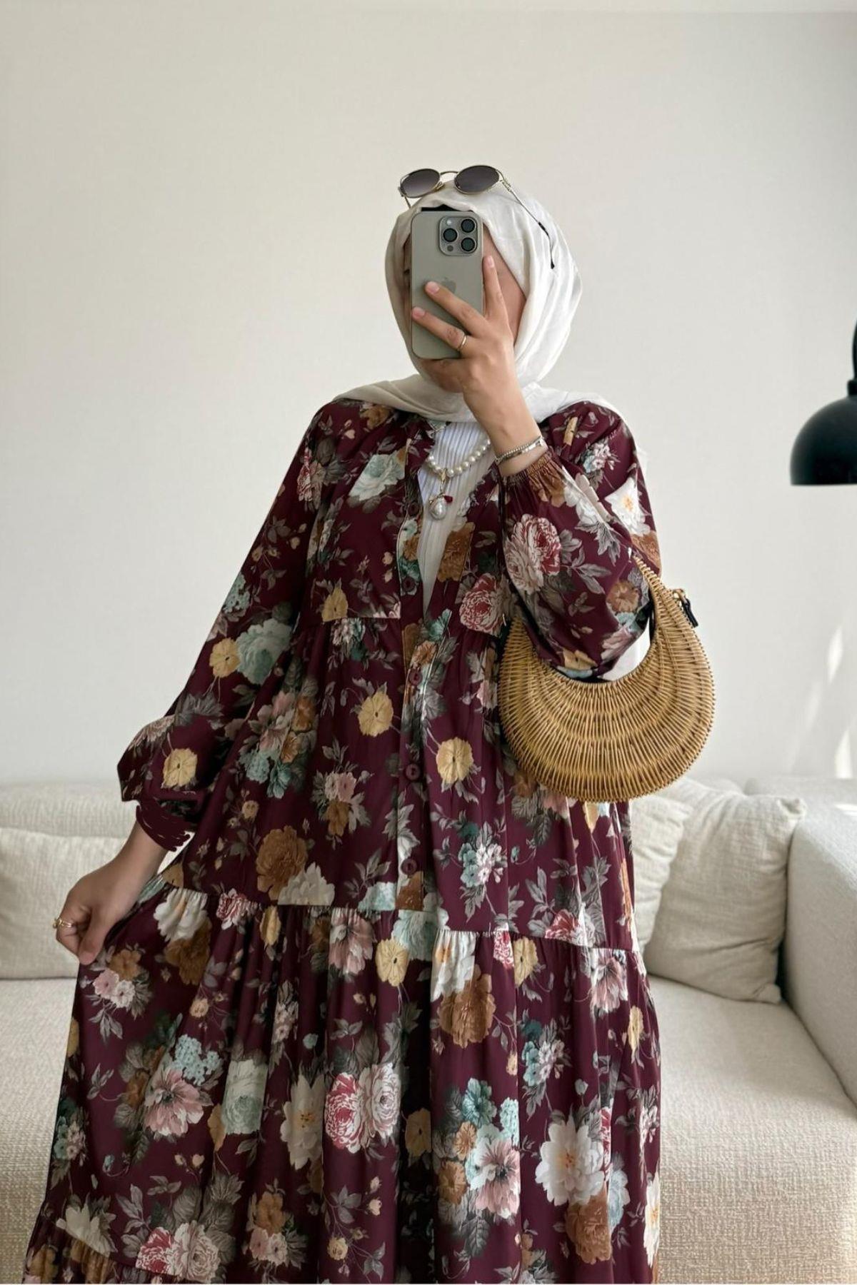 BORDO ÇİÇEK DESENLİ  ELBİSE 