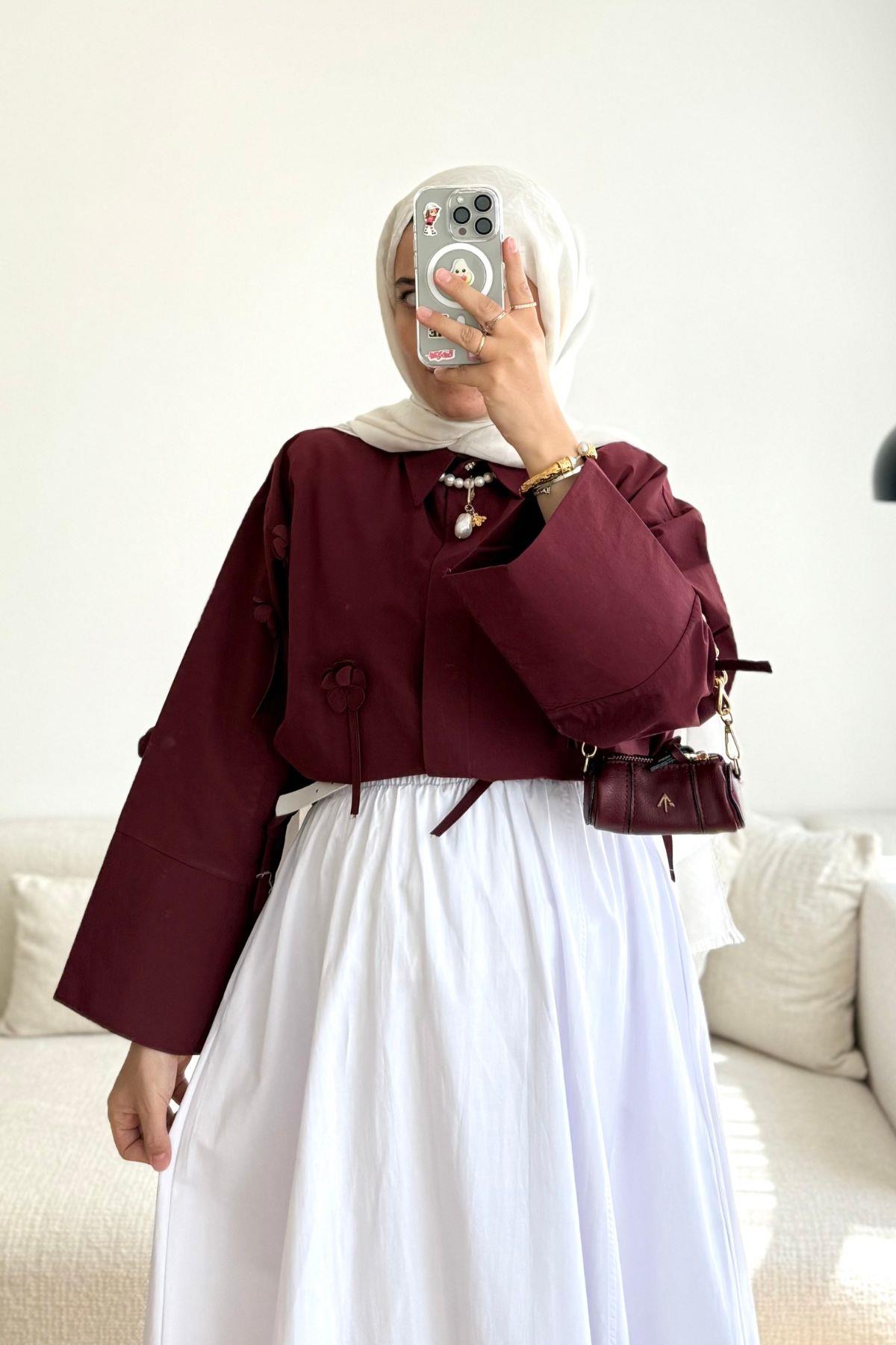 BORDO ÇİÇEKLİ KISA GÖMLEK