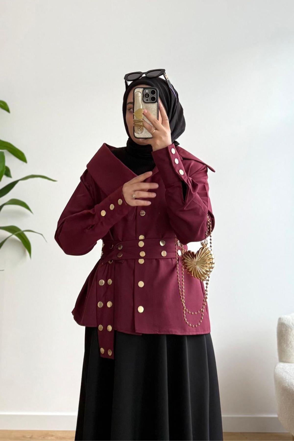 BORDO ÇITÇIT KEMERLİ TASARIM GÖMLEK