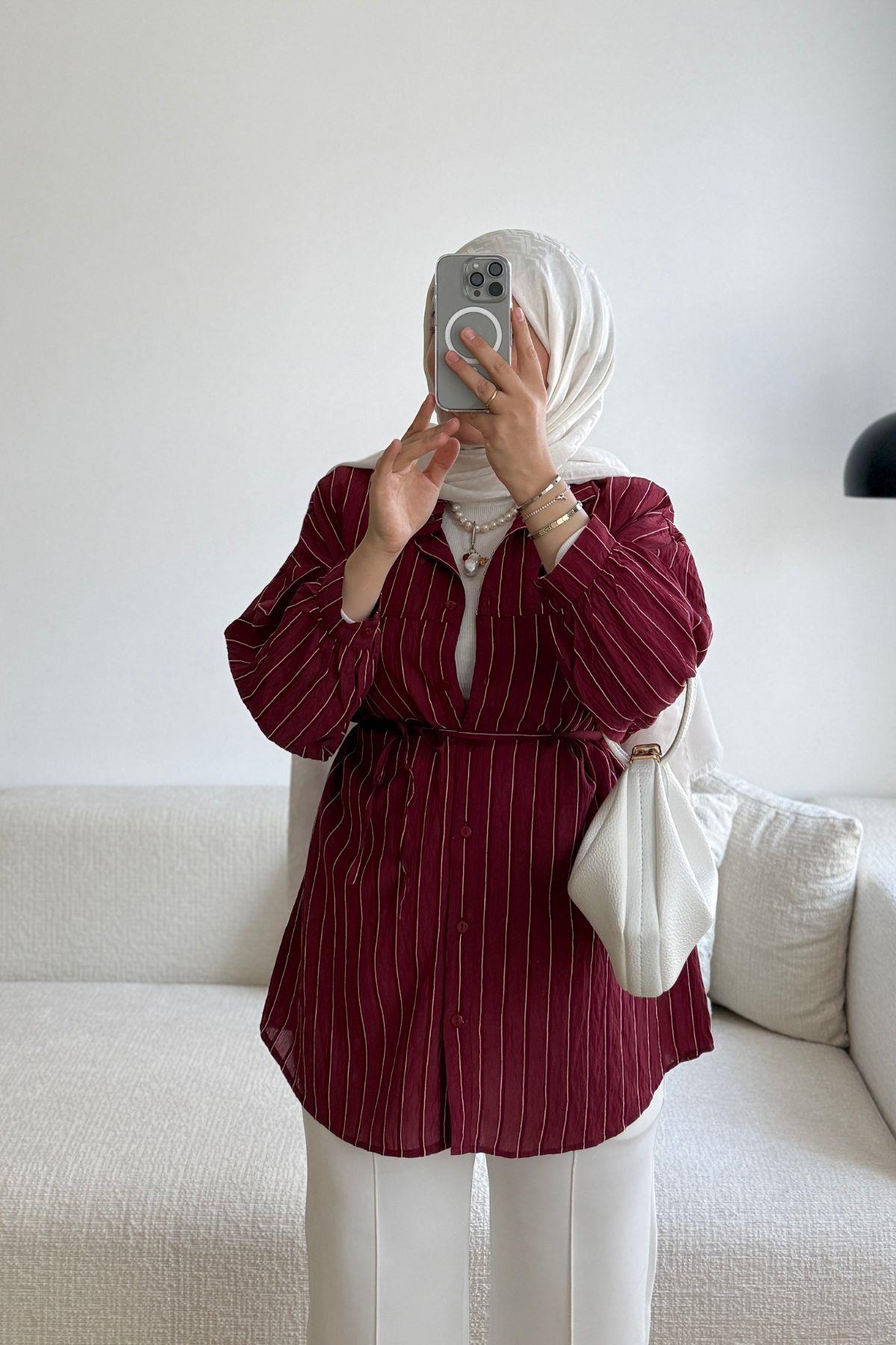 BORDO DÜŞÜK OMUZ ÇİZGİLİ GÖMLEK