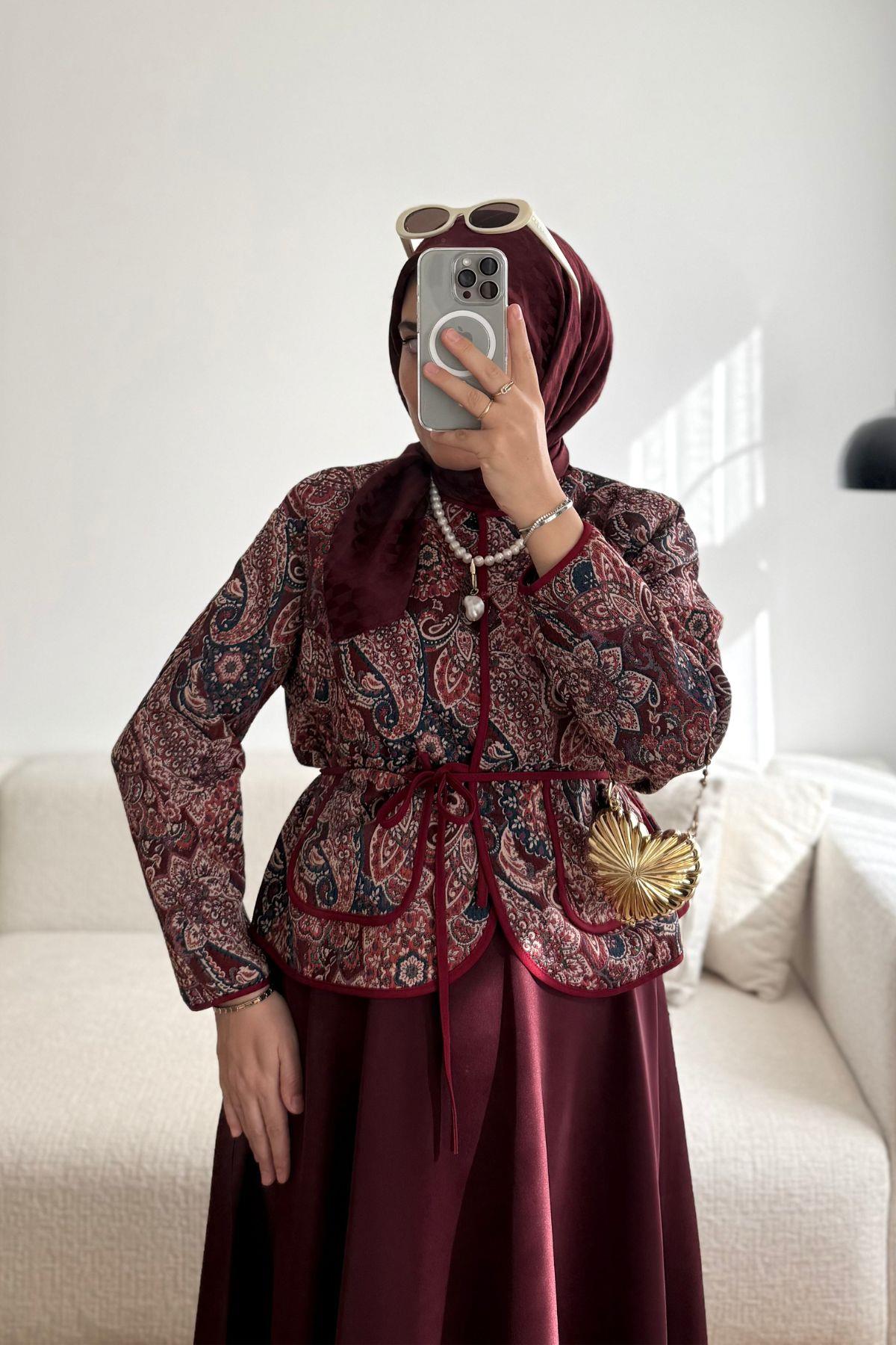BORDO ETNİK DESENLİ KUŞAKLI  CEKET
