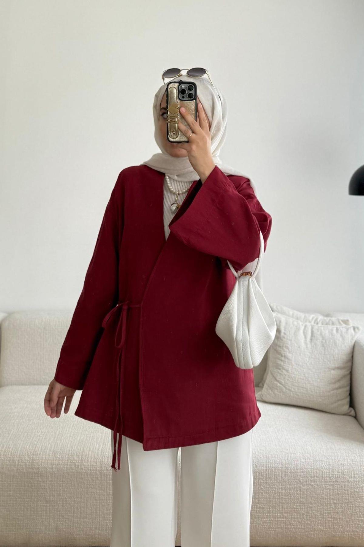 BORDO GABARDİN KİMONO