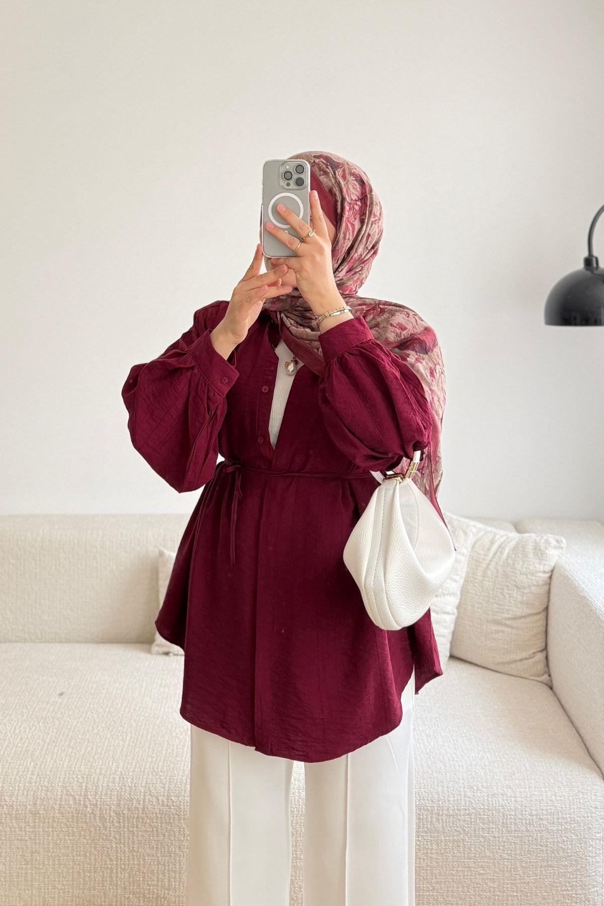BORDO GİZLİ PAT ÇİLEK GÖMLEK