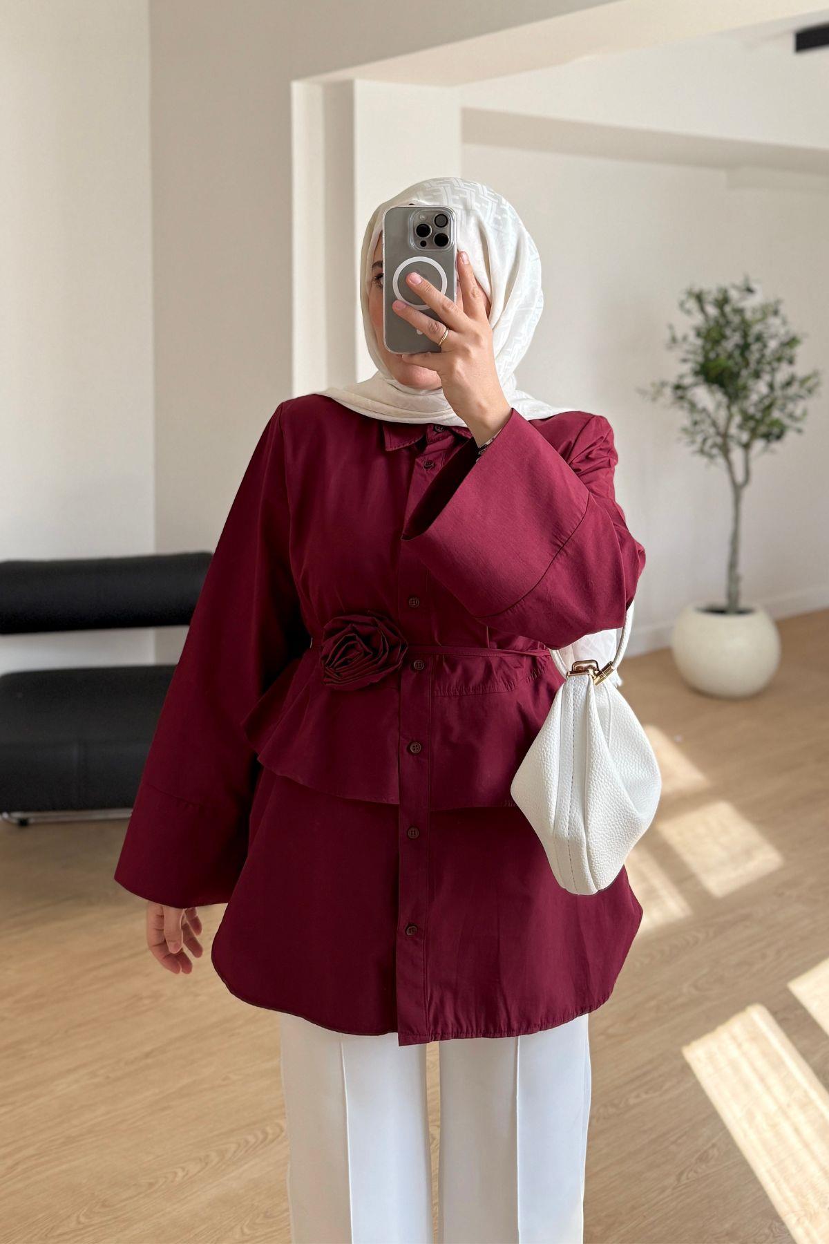 BORDO GÜL KUŞAKLI GÖMLEK
