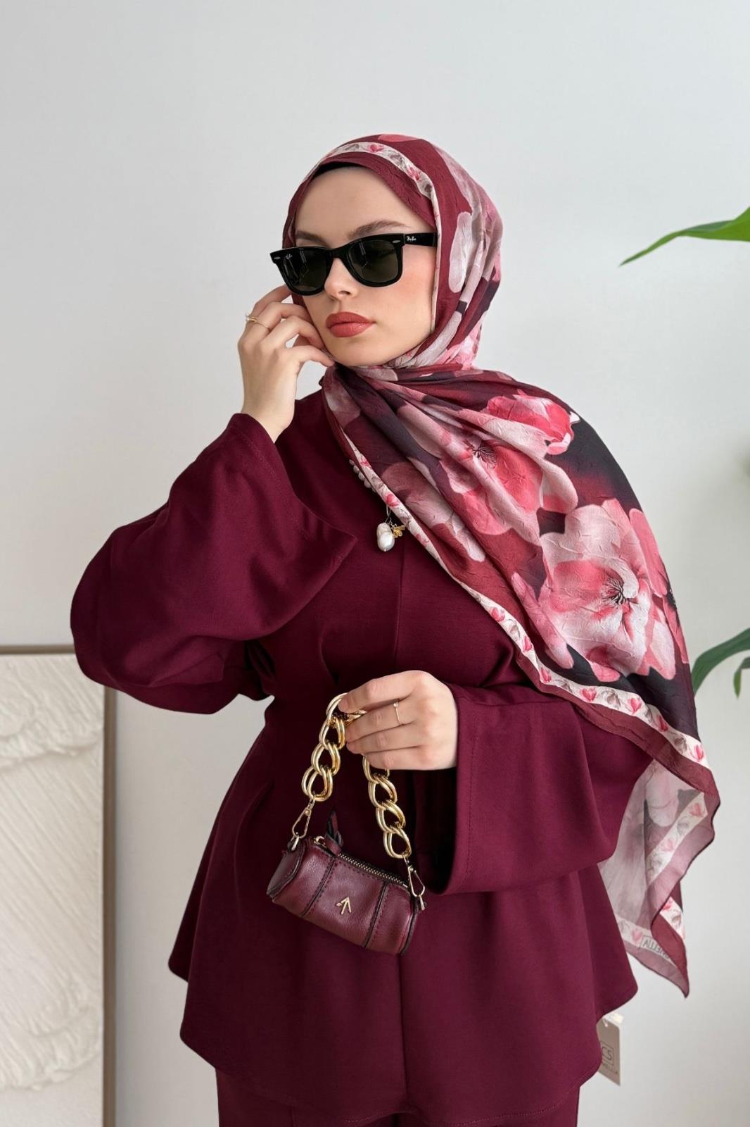 BORDO KAMELYA ÇİÇEK PAMUKLU ŞAL