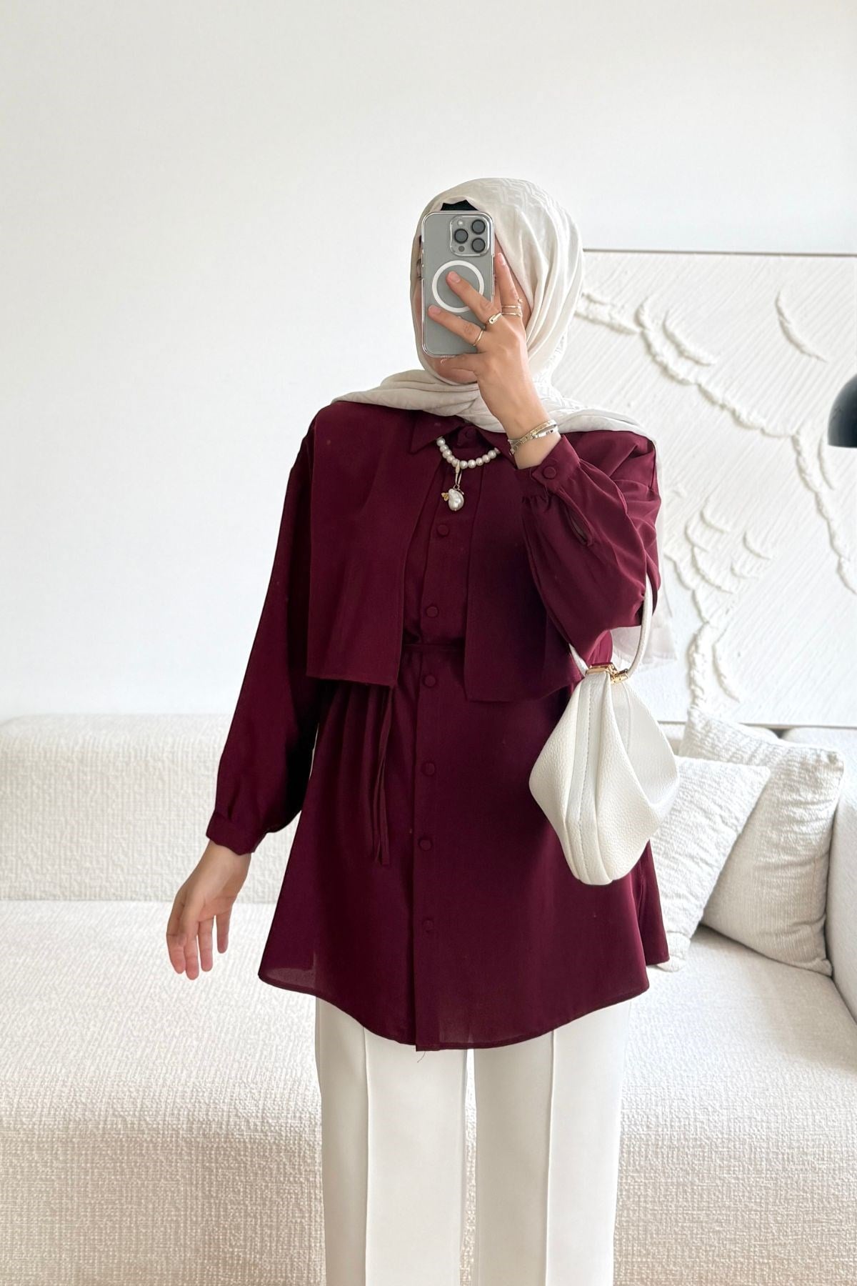 BORDO KUMAŞ KAPLAMALI DÜĞMELİ GÖMLEK