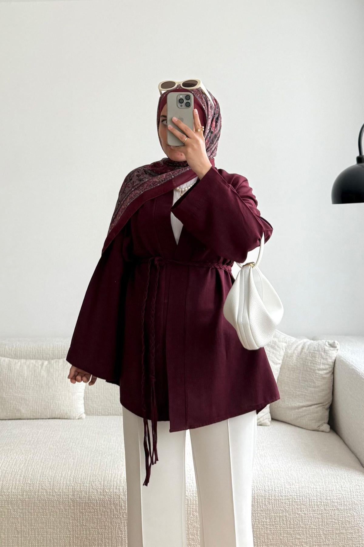 BORDO ÖRGÜ KEMERLİ KİMONA