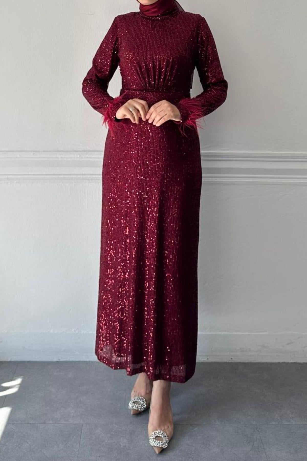 BORDO PAYETLİ ABİYE  ELBİSE