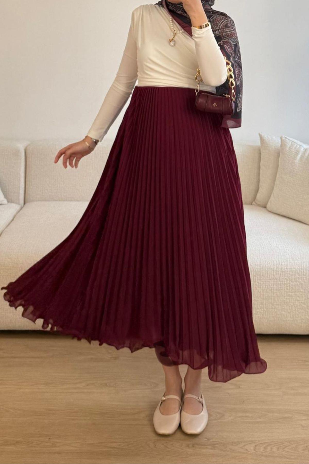 BORDO PİLELİ ŞİFON ETEK