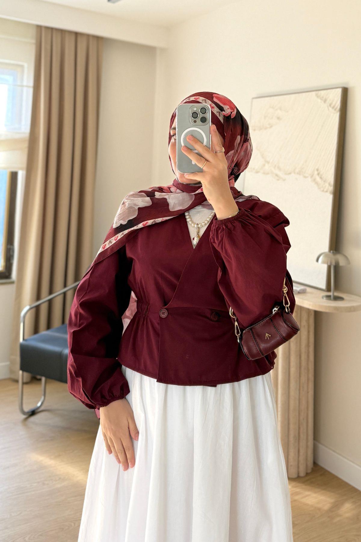 BORDO POPLİN ÇİFT DÜĞMELİ KISA CEKET