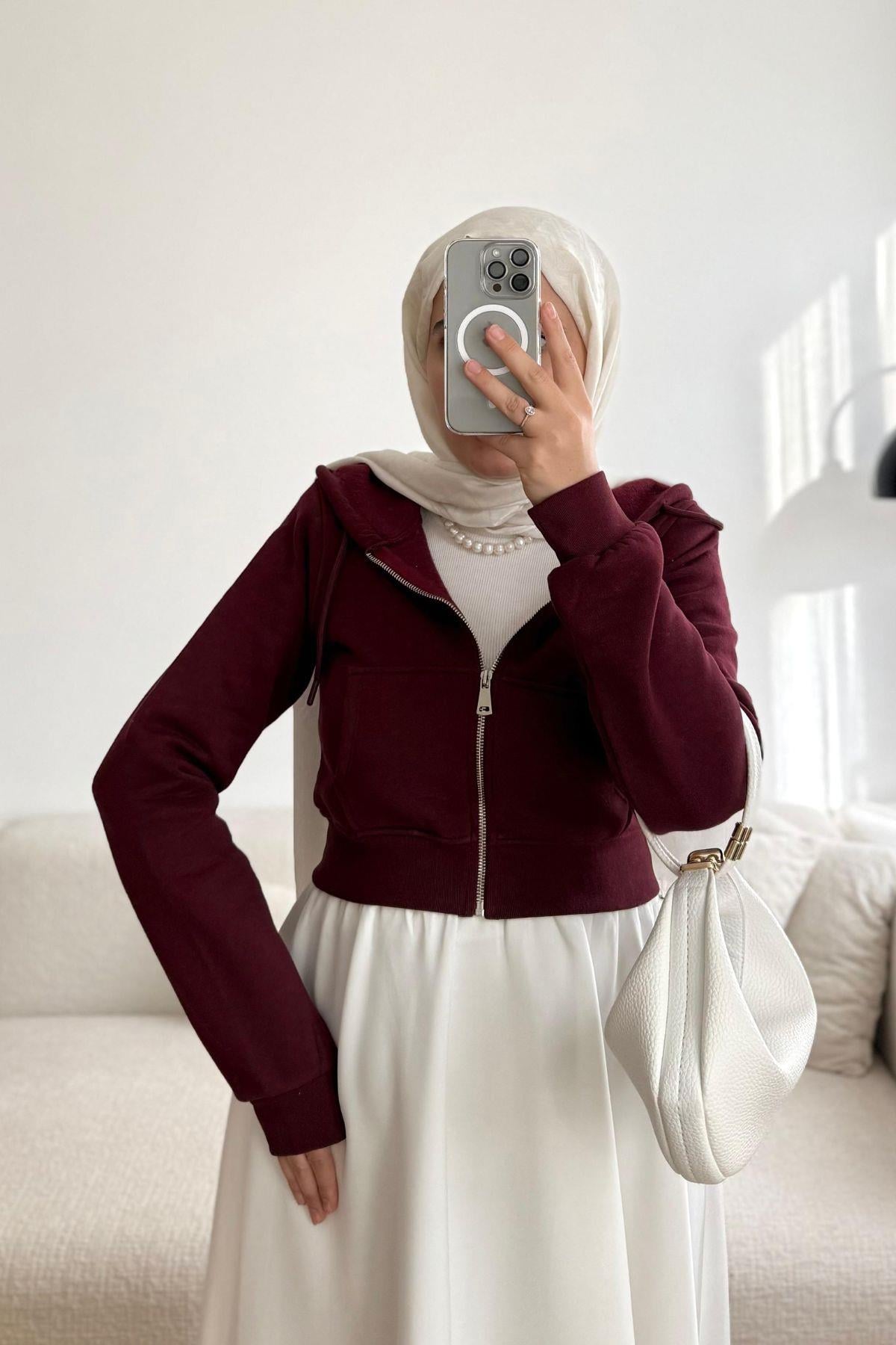 BORDO ŞARDONLU KAPÜŞONLU CROP HIRKA