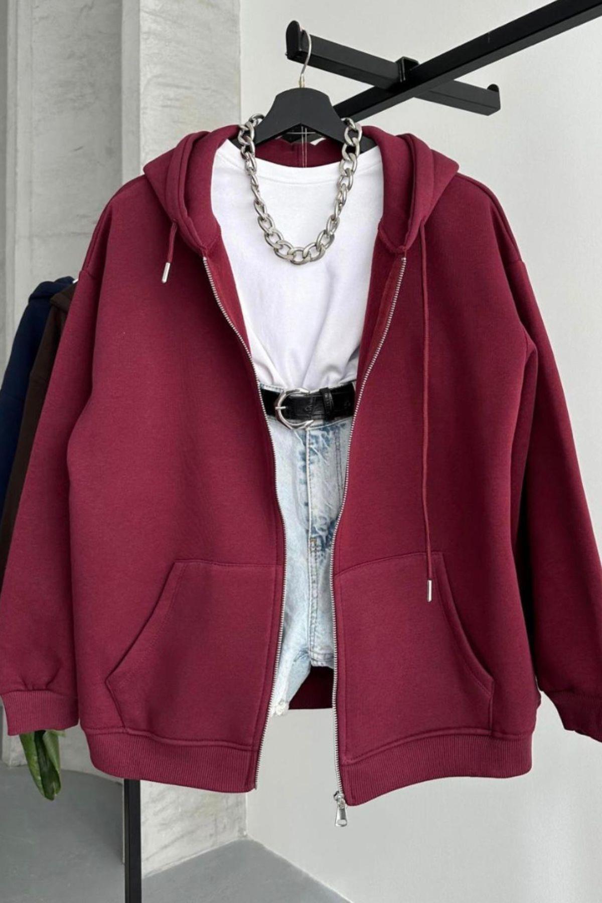 BORDO ŞARDONLU KAPÜŞONLU HIRKA