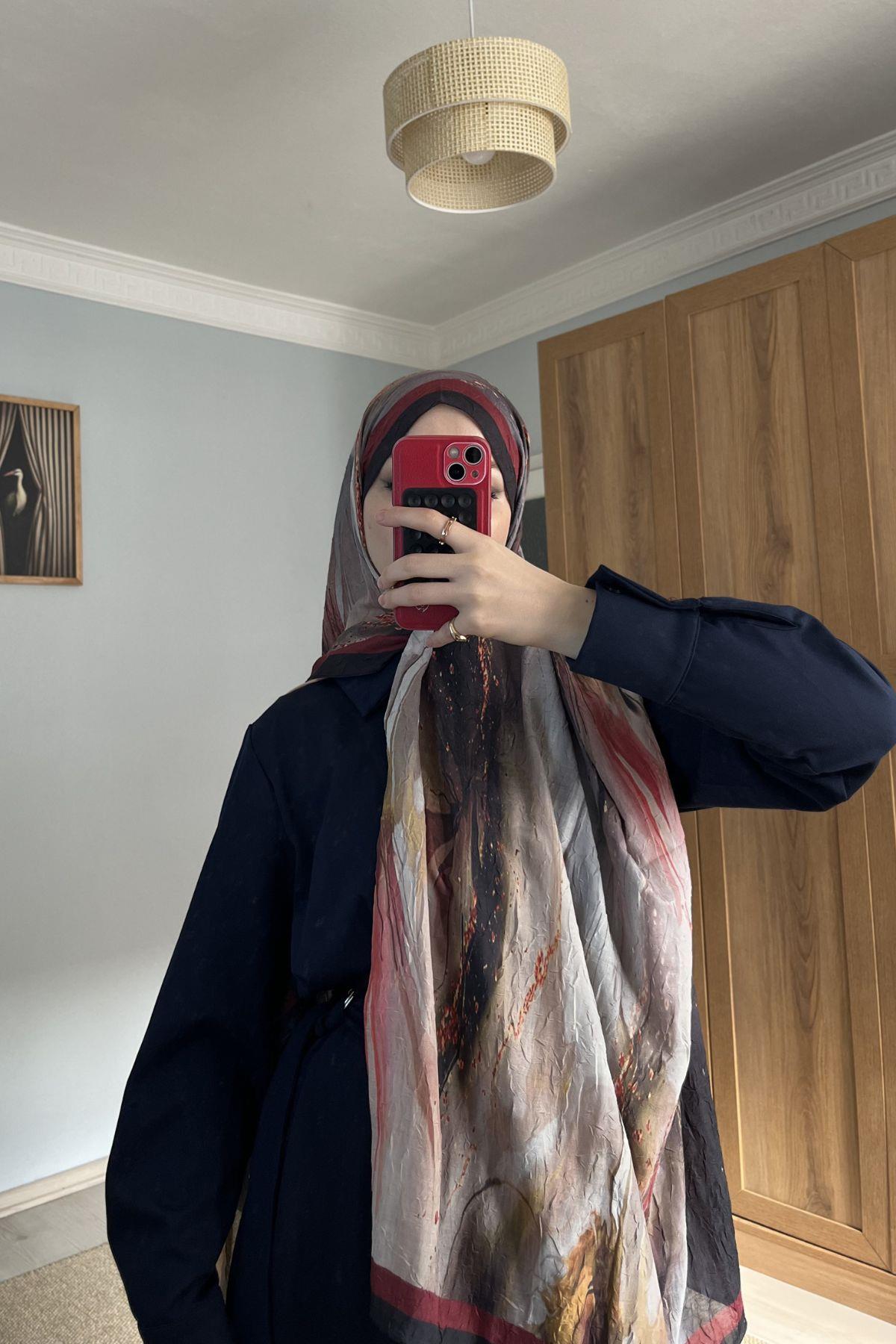 BORDO ŞERİTLİ BULUT DESEN ŞAL