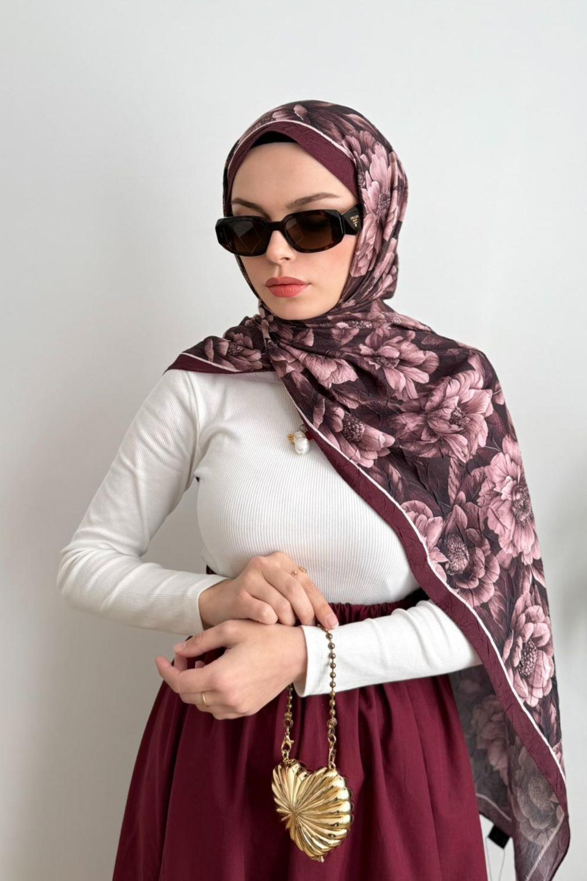BORDO ŞERİTLİ BÜYÜK ÇİÇEK DESENLİ BAMBU ŞAL