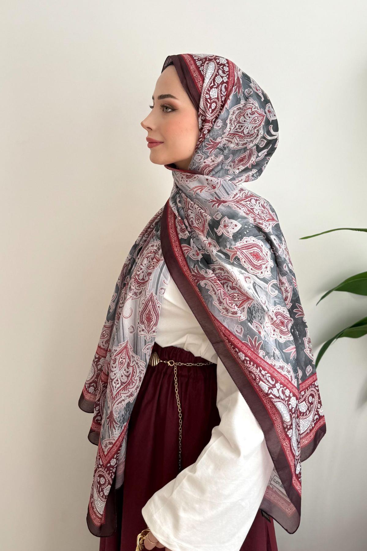 BORDO ŞERİTLİ GRİ ETNİK DESENLİ ŞAL