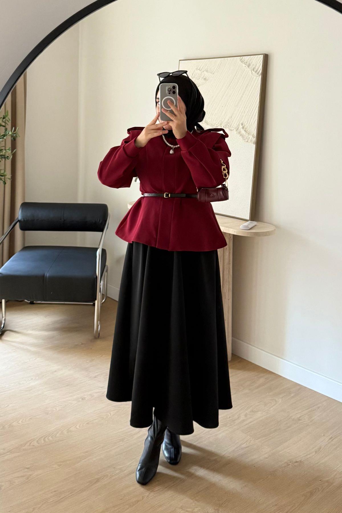 BORDO VATKALI KEMERLİ CEKET