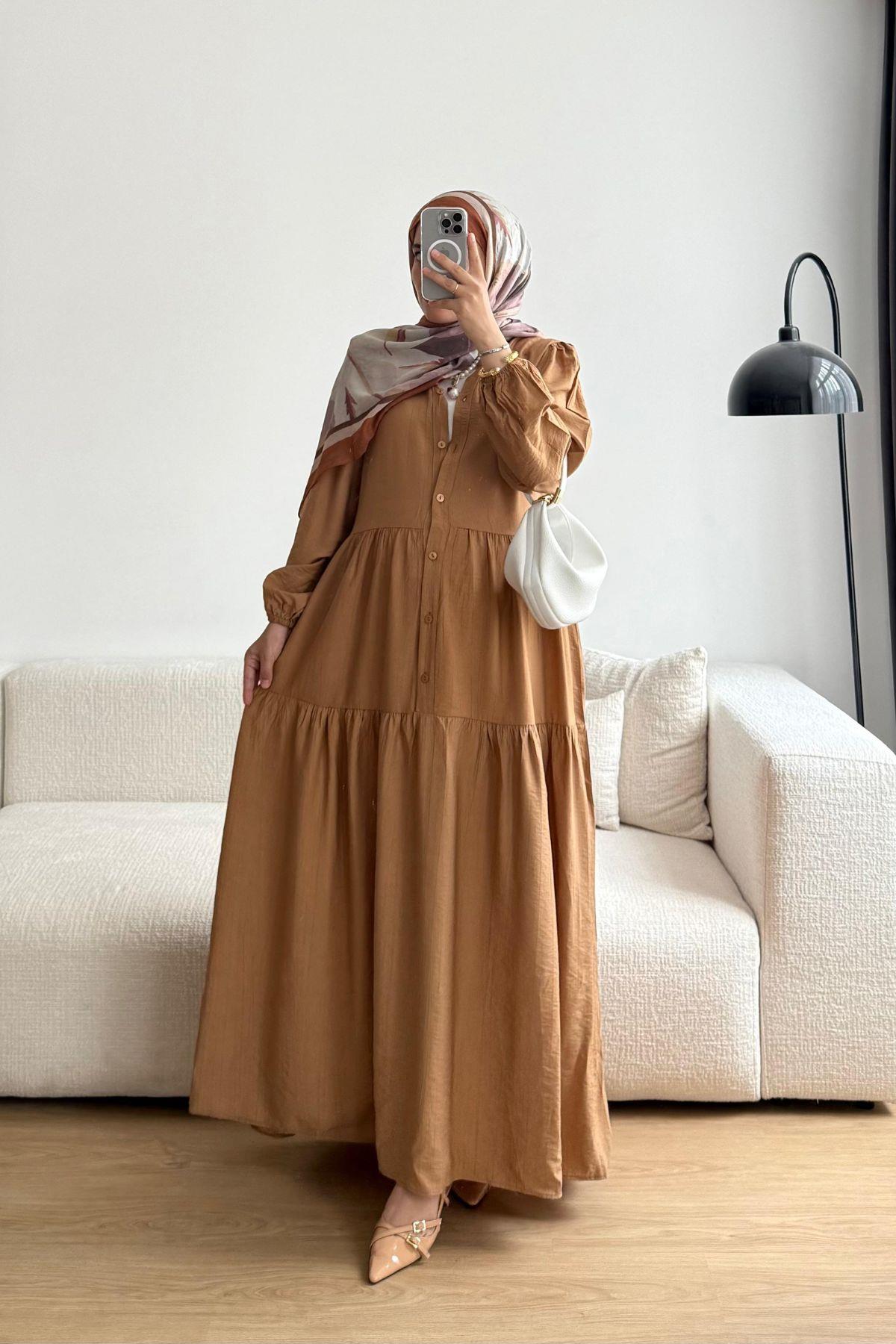 CAMEL ÇİLEK KUMAŞ ELBİSE 