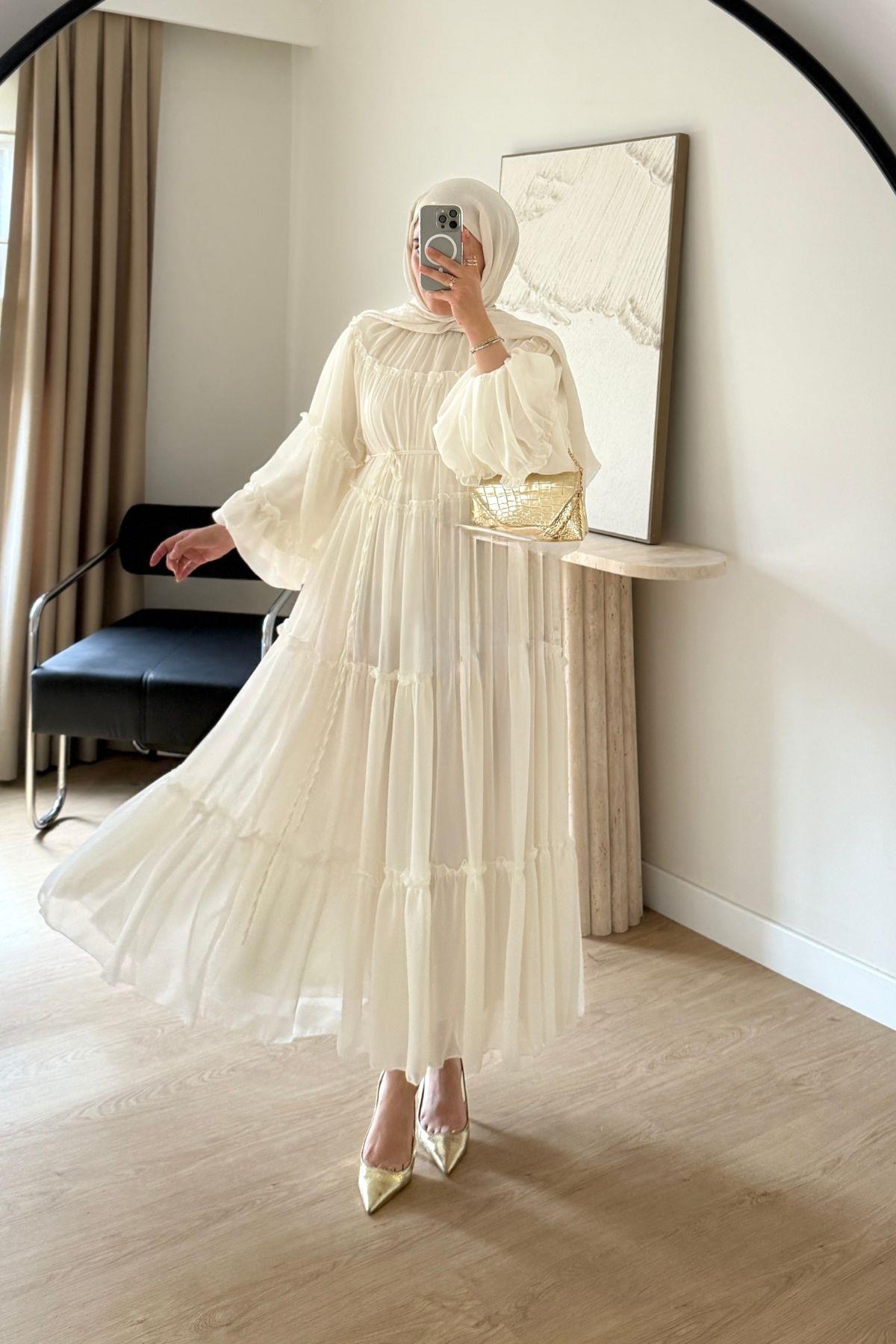 EKRU CANDY ŞİFON ELBİSE