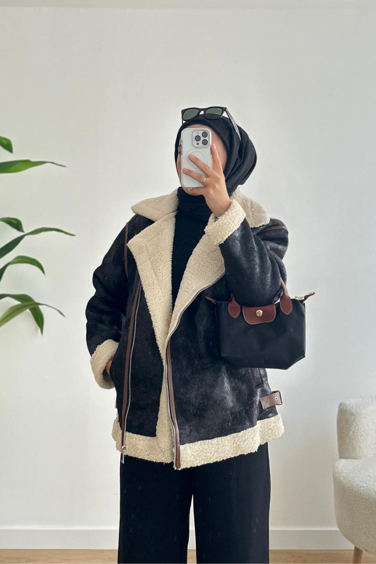 FERMUARLI SİYAH İÇİ KÜRK NUBUK MONT