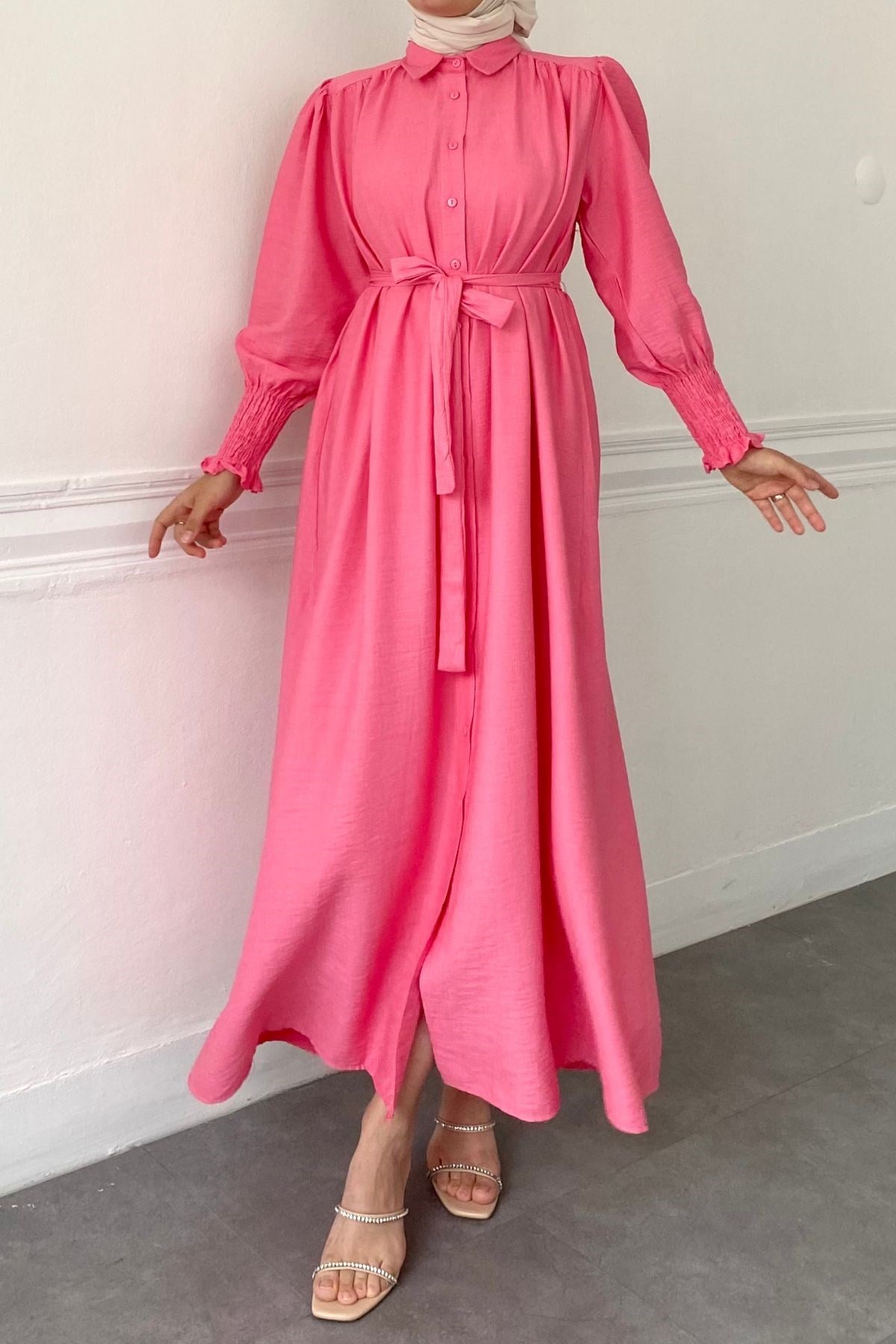 GİPE KOL DETAYLI PEMBE ELBİSE